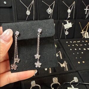 Silver Floral Drop Earrings - Dainty Moissanite Flower Dangle